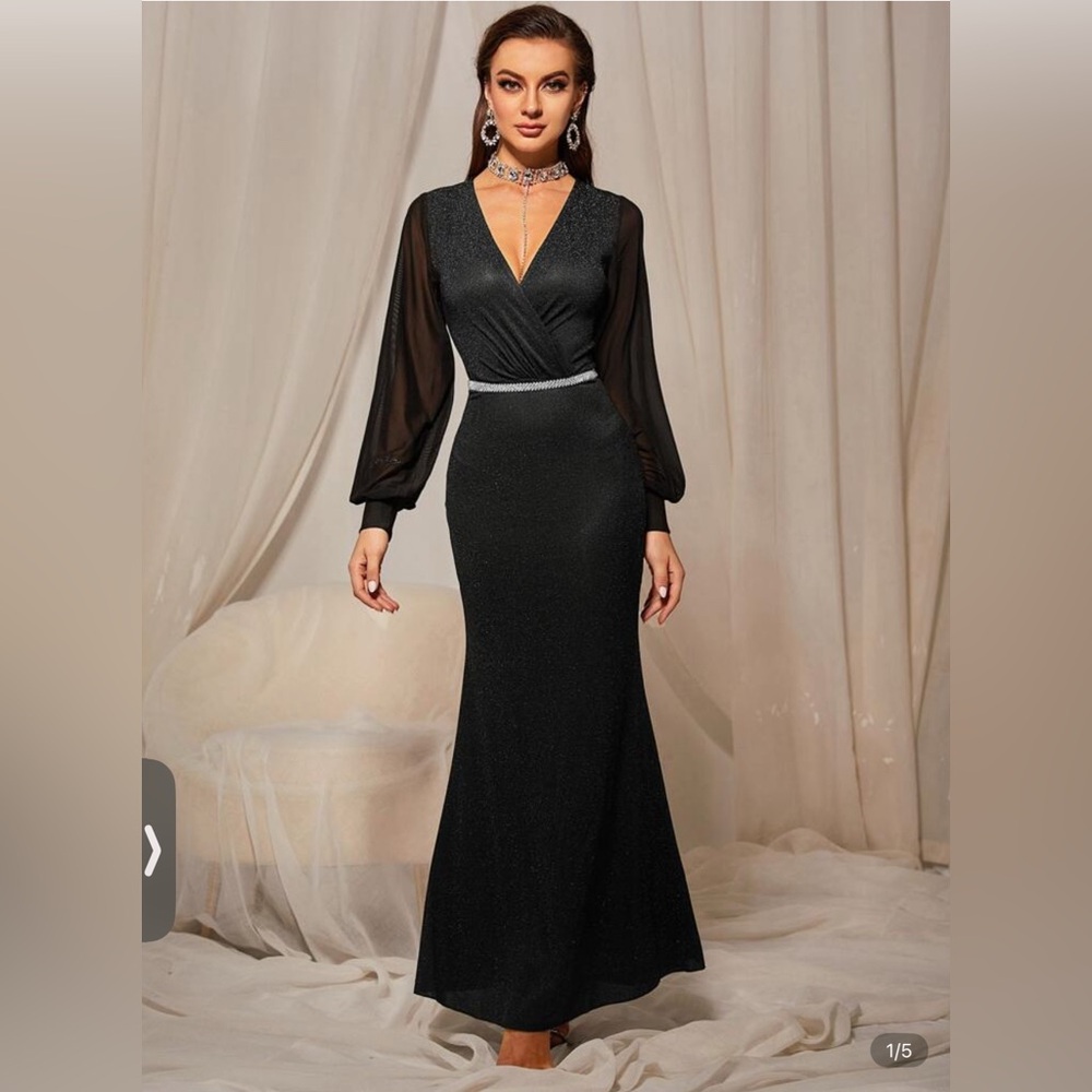 Chic Black Long Sleeve Evening Mermaid Dress Sz S